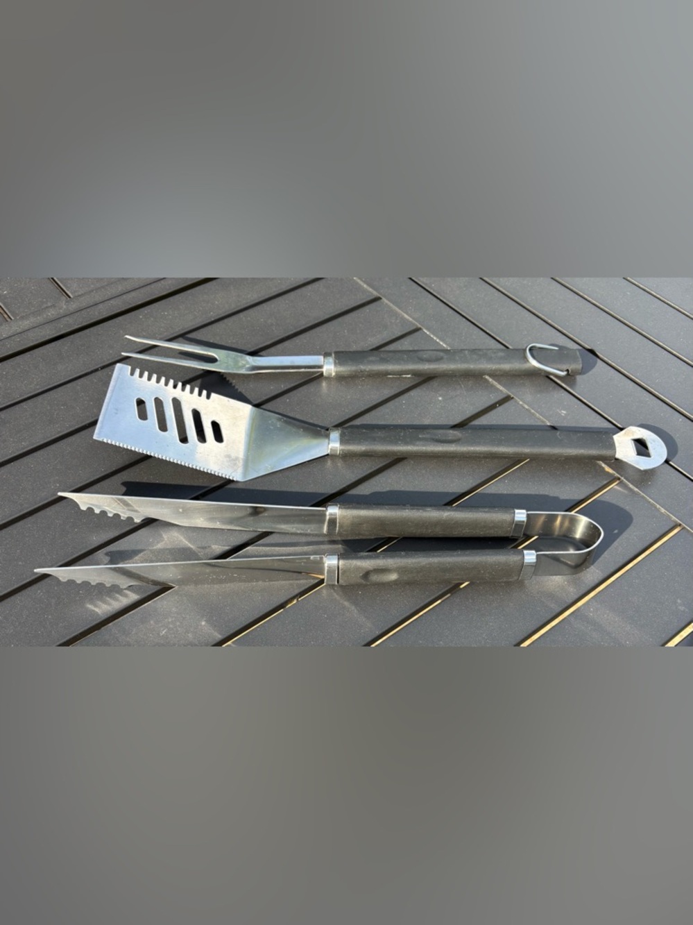 3-Piece Black Stainless Steel BBQ Tool Set - Fork, Tongs and 4-in1 Spatula - Picture 2 of 3